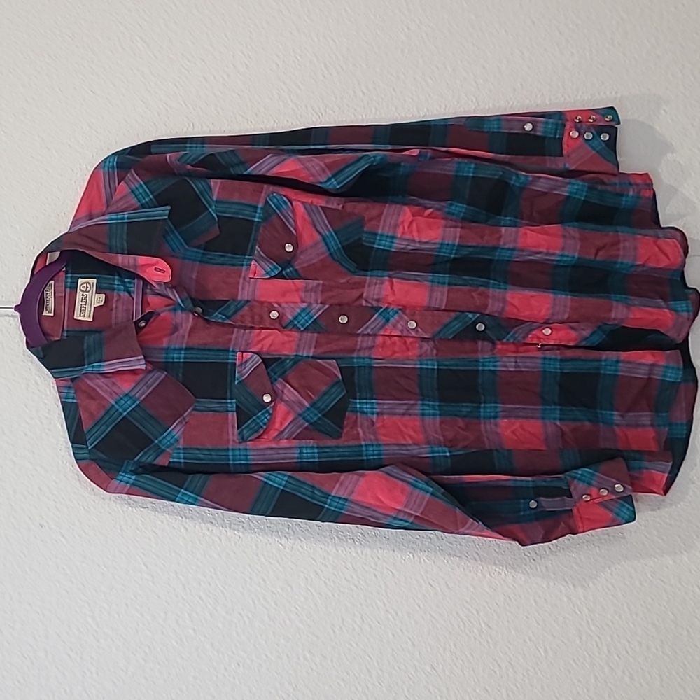 Vintage Shepler's pearl snap western button up shirt large pink & blue plaid